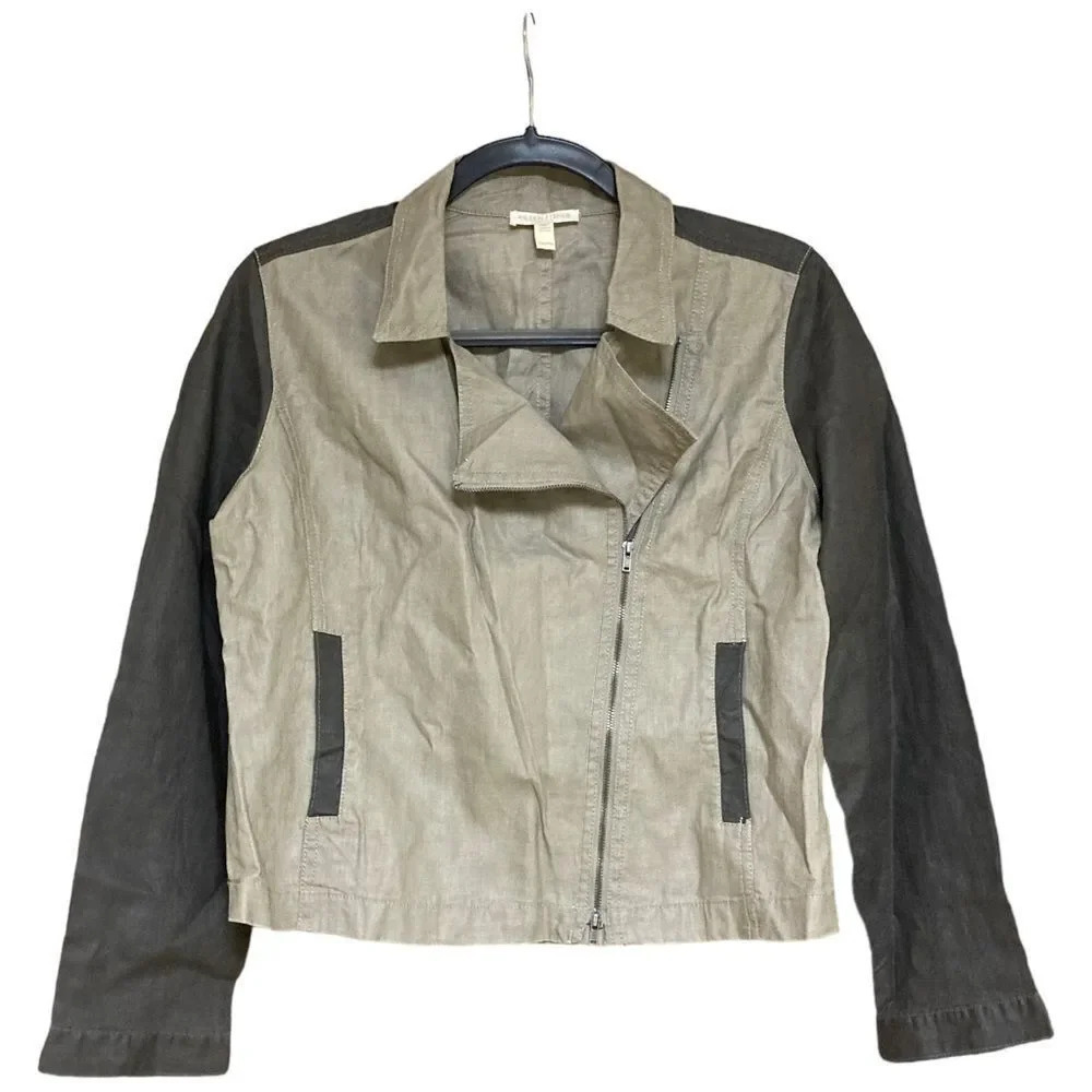 EILEEN FISHER Linen Stone Colorblock Zip Moto Jacket Size Petite Medium PM